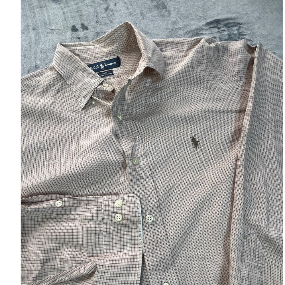 Ralph Lauren Yarmouth Mens 16.5 34/35 Tan Brown‎ Check Cotton Shirt Pony Logo